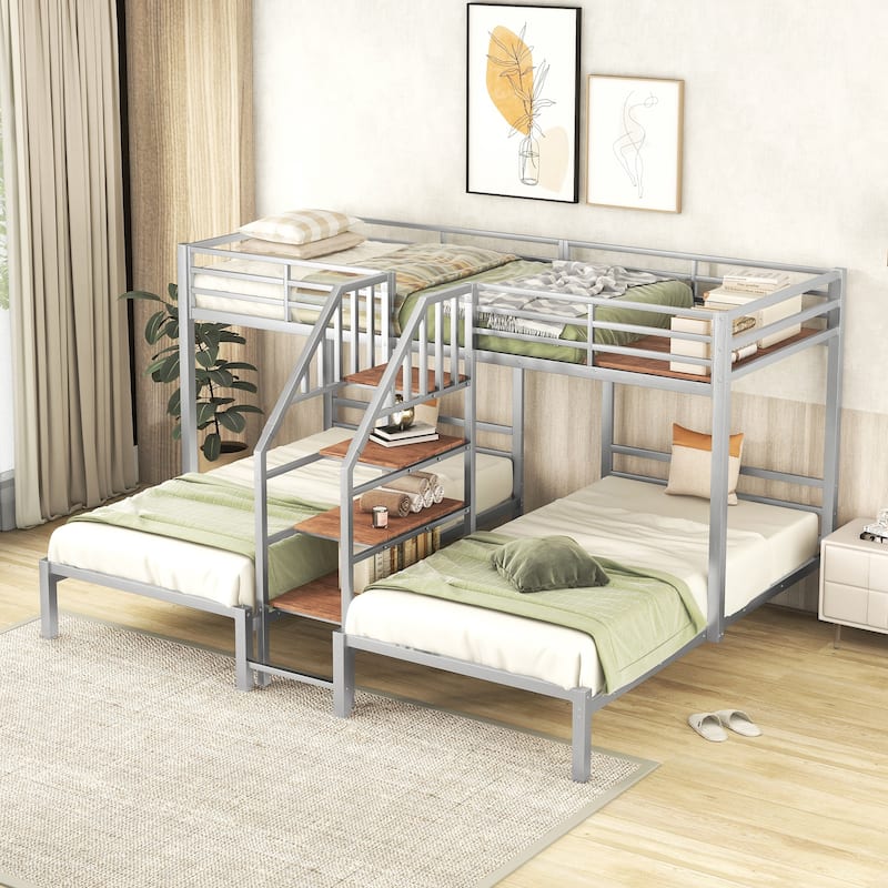 Metal Twin over Twin & Twin Bunk Bed with Storage Shelves Staircase, Triple Bunk Bed Frame, No Box Spring Needed for Kids
