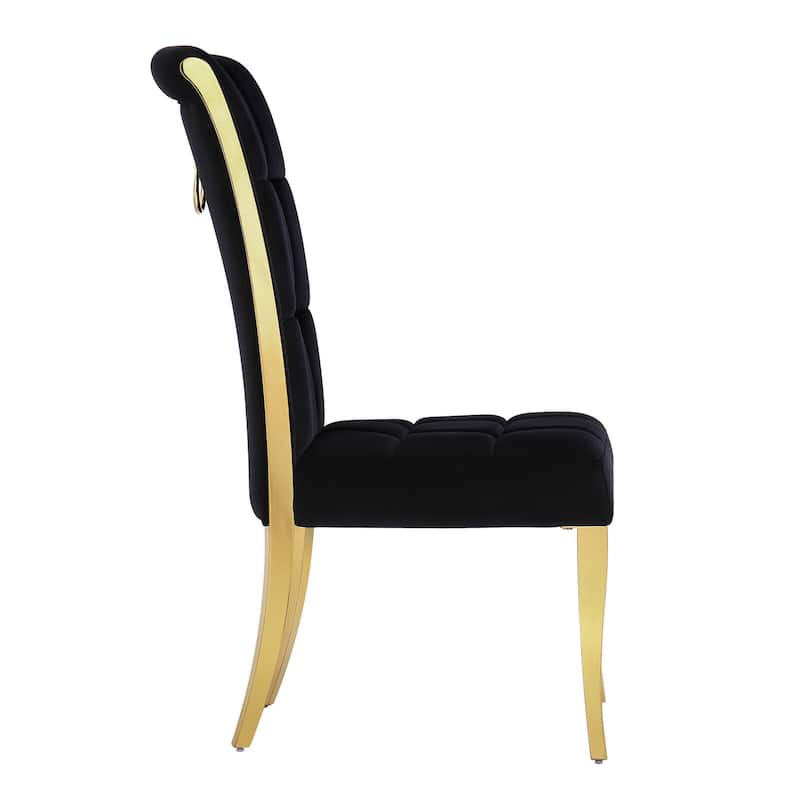 Black Velvet Dining Chairs with Pull Ring on Back and Metal Legs