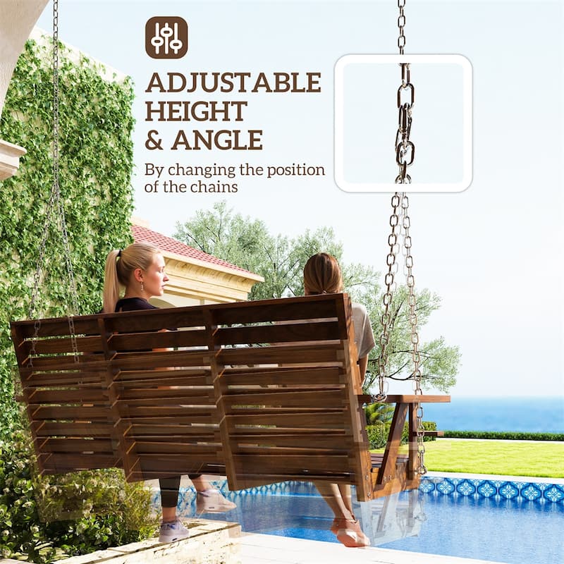 Fir and Pine Wood 3 Seater Outdoor Swing Chair with Cupholders Adjustable Chains for Patio Garden Deck - 63" W x 26.4" D x 24" H