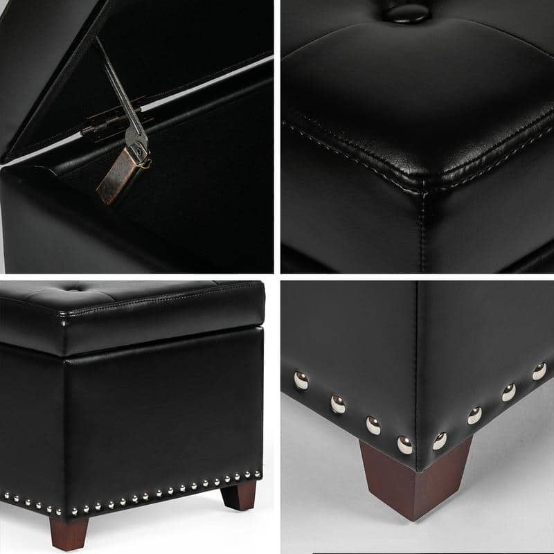 Adeco 46" Faux Leather Storage Ottoman Bench with Nailhead Trim