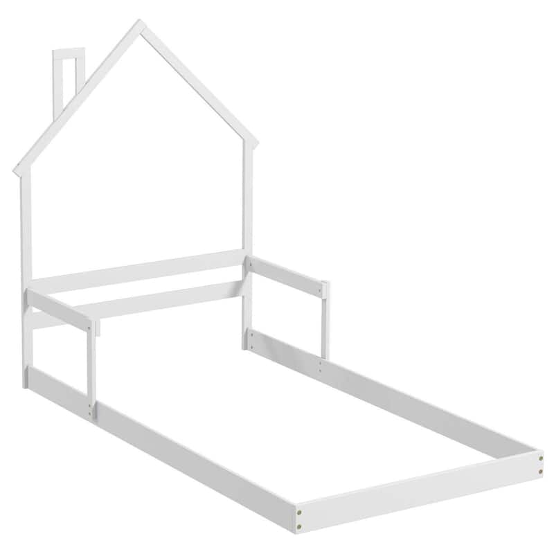 Floor Kid House Bed Frame Wood Twin Floor Bed w/ Fence - White