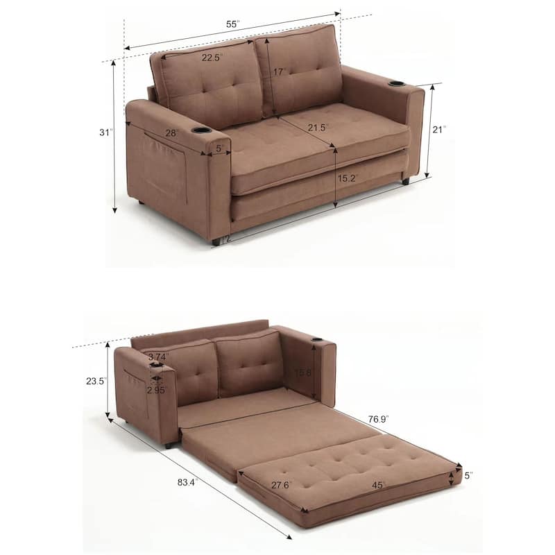 Upholstered Tufted Convertible Loveseat with Side Pockets