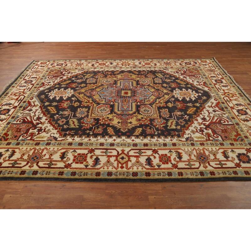 Charcoal Gray Heriz Serapi Indian Area Rug Handmade Wool Carpet - 7'10"x 9'11"