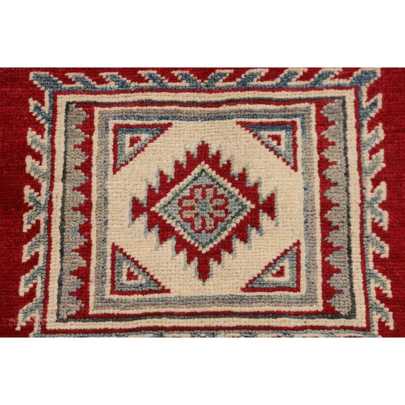 Red Geometric Kazak Foyer Rug Handmade Oriental Wool Carpet - 3'6" x 5'1"