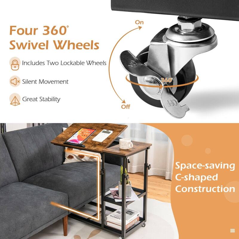 Height Adjustable C-Shaped End Table with Lockable Wheels and Tiltable Table Top - 31.5" x 16" x 25"-37.5"