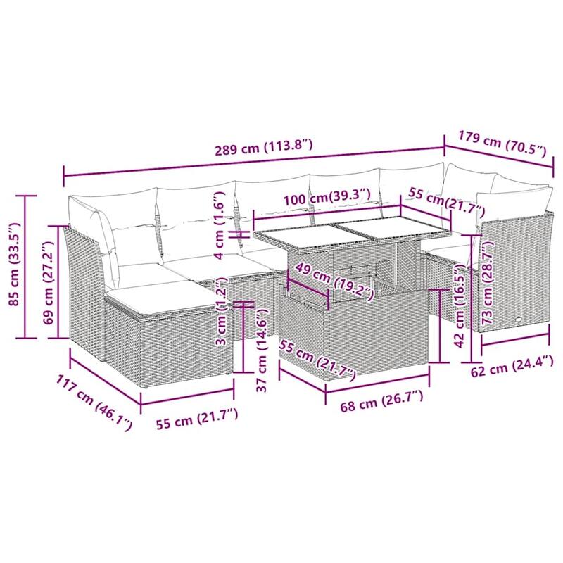 vidaXL 8 Piece Patio Sofa Set with Cushions Black/Brown/Gray Poly Rattan - 24.4 x 24.4 x 27.2