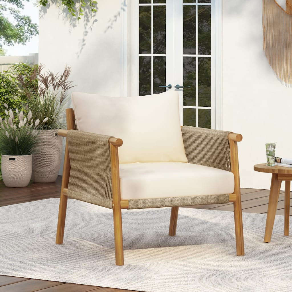 Roomfitters 28-Inch Outdoor Woven Lounge Chair, Natural Solid Wood Patio Armchair, Waterproof Beige Cushions, Garden