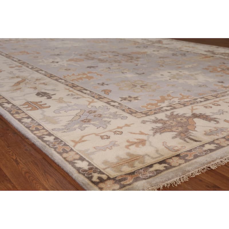 Gray Oushak Indian Large Rug Hand-Knotted Floral Wool Carpet - 9'10" x 13'8" - Grey - 9'10" x 13'8"
