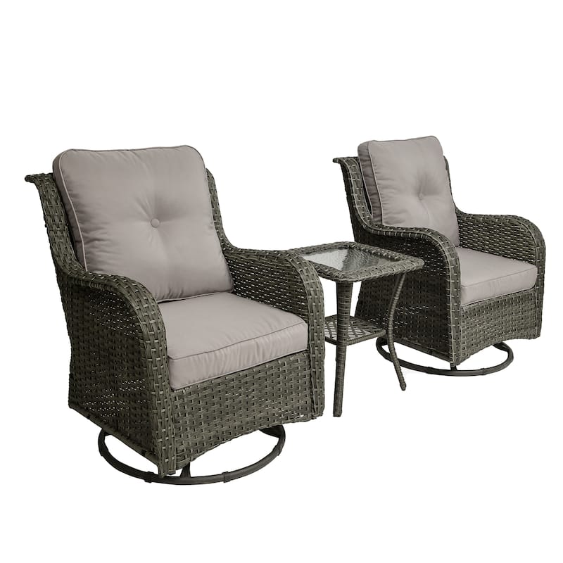 3-Piece Patio Rattan Swivel Cushioned Rocking Chair Set With Side Table