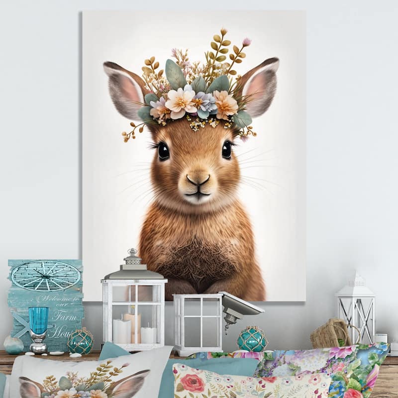 Designart 'Cute Baby Rabbit With Floral Crown I' Animals Canvas Wall Art