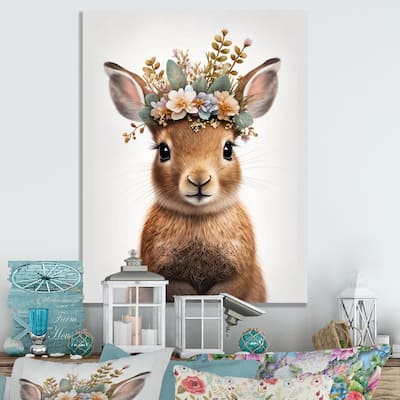 Designart 'Cute Baby Rabbit With Floral Crown I' Animals Canvas Wall Art