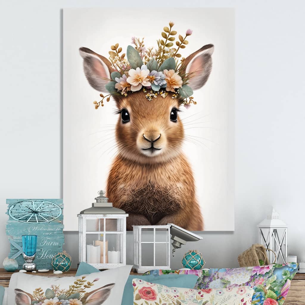 Designart 'Cute Baby Rabbit With Floral Crown I' Animals Canvas Wall Art