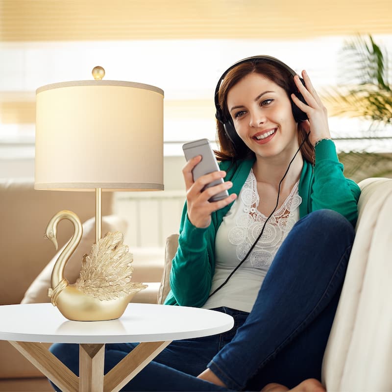 Two-piece Set of Table Lamps: Golden Brass Swan Table Lamps with LED Bulbs For contemporary bedroom or living room