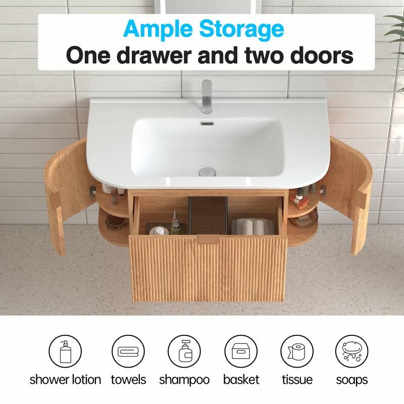Floating Bathroom Vanity with Ceramic Sink Top Wall Mounted