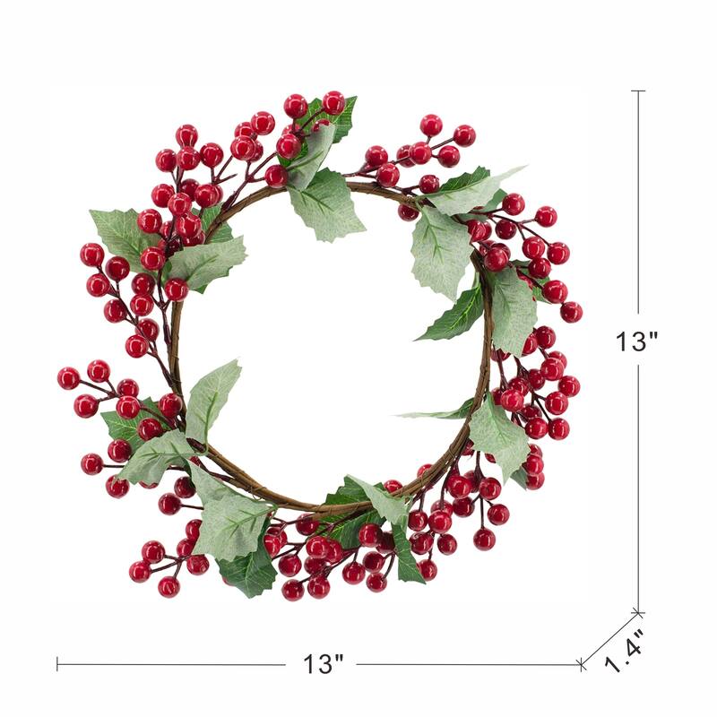 Anmytek Set of 3 13" Festive Red Berry & Holly Leaf Christmas Wreaths - Holiday Decor Accents