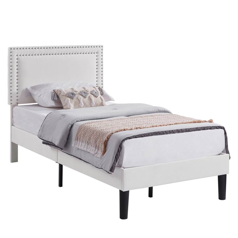 Upholstered Platform Bed Frame with Adjustable Headboard, Velvet Nailhead Trim, No Box Spring Needed