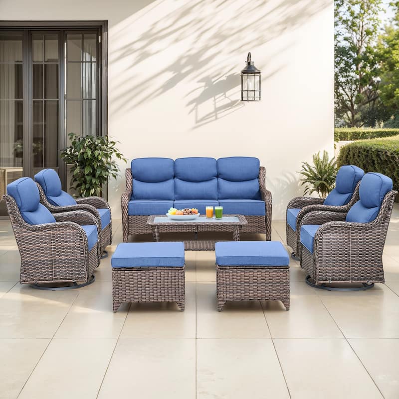 Gymojoy 8-Piece Patio Furniture Set with Swivel Glider Chairs, 6-Inch Ultra-Plush Cushions & Water-Resistant Olefin Fabric - Brown Wicker / Blue Cusion - 8-Piece