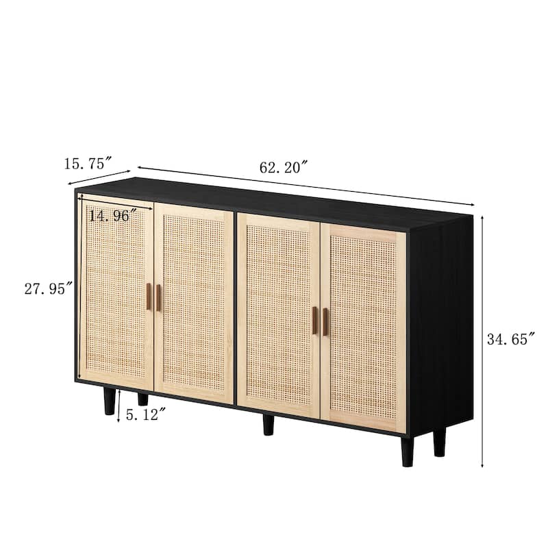 Rattan Buffet Cabinet with Storage, 62.20" Kitchen Cupboard with 4 Doors and Adjustable Shelves, Boho Wooden Console Cabinet