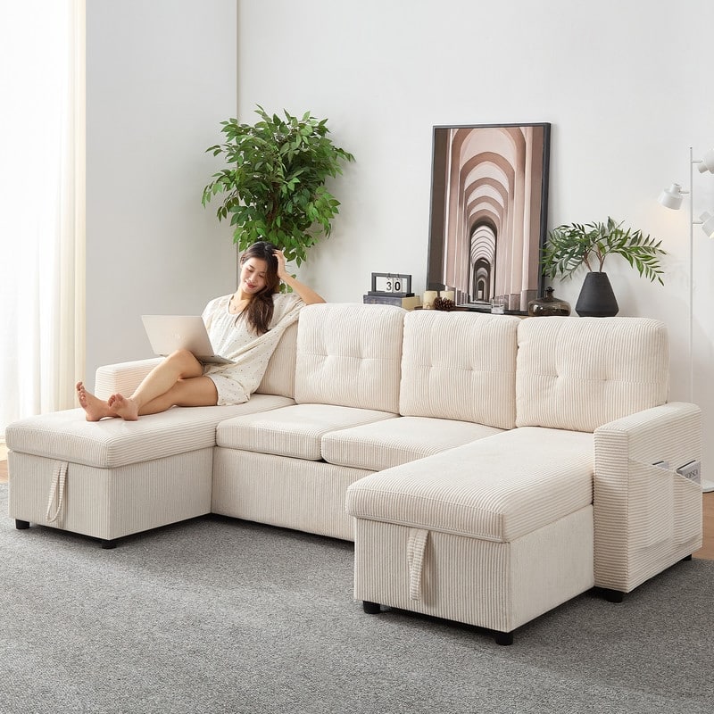 W103" Corduroy 4-Seater Modular Sleeper Sofa Bed with Storage Chaise,U-shaped Sofa with Pull-out Bed