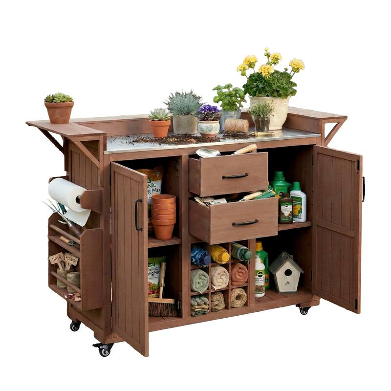 Roomfitters Outdoor Grill Cart and Kitchen Island, Stainless Steel Top, Portable Potting Bench with Storage, Wheels