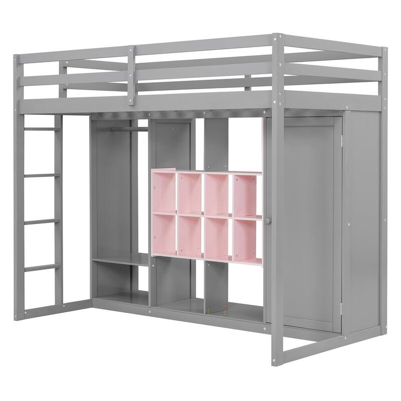 Twin Size Wood Loft Bed with Wardrobe, Shelves, and Cabinet in Gray and Pink