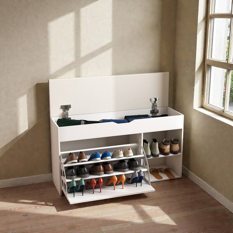 Entryway Bench with Rotating Shoe Storage, Lift-Top Cabinet & 3-Tier Flip-Up Drawers, Space-Saving Organizer for Hallway
