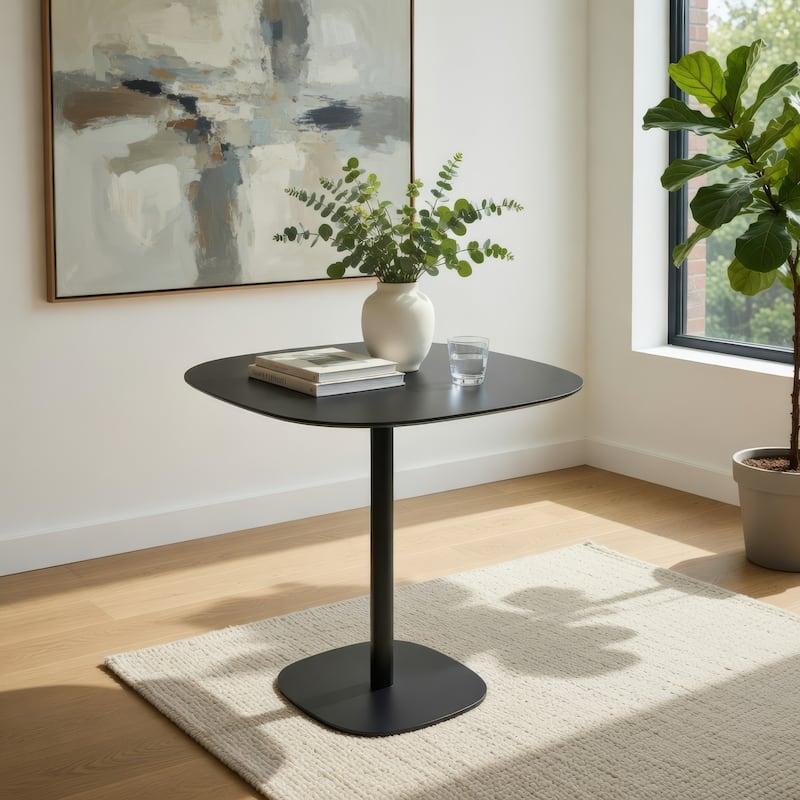 Liki 28 Inch Bistro Dining Table, Round Top and Base, Modern Black Metal