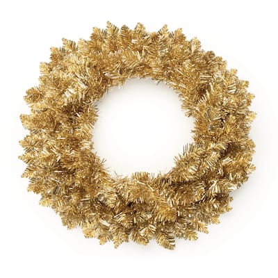 Gold PVC Pine Wreath with Metallic Tinsel Branches 24 inches Holiday Door Decor - 24” x 25” x 7” (D x W x H)
