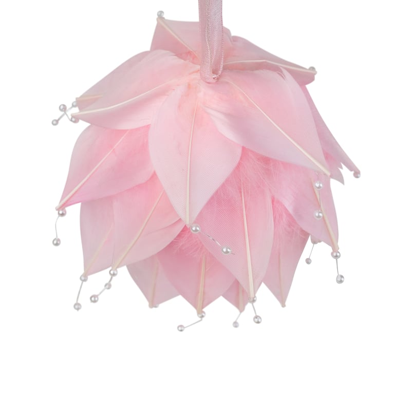 Feathered Ball with Pearls Christmas Ornament - 4.25" - Pink and White