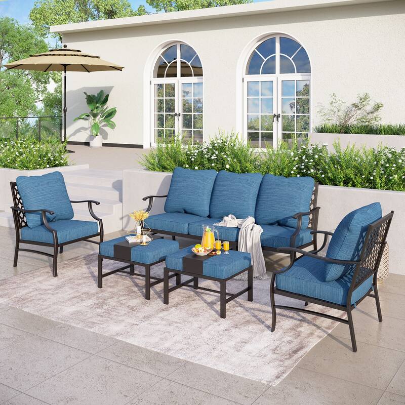 MAISON ARTS 4/5-Piece Patio Conversation Sets, Sofa Set with 2 xSingle Sofa Chairs, 1 x 3-seater Sofa and Coffee Table/Ottomans - Set 4 - Peacock Blue