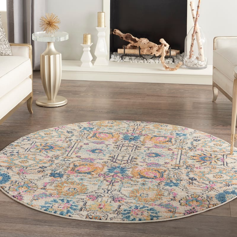 Nourison Passion Boho French Country Floral Area Rug. - 4' Round - Ivory - Runner