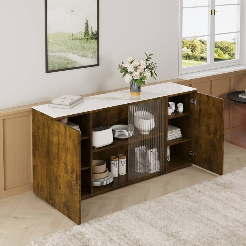 Wooden Sideboard Cabinet Buffet Cabinet with Glass Doors and Granite Top, Storage Cabinet with Dust-Free Display