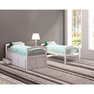 White Twin Over Twin Bunk Bed with Trundle and 3 Drawers