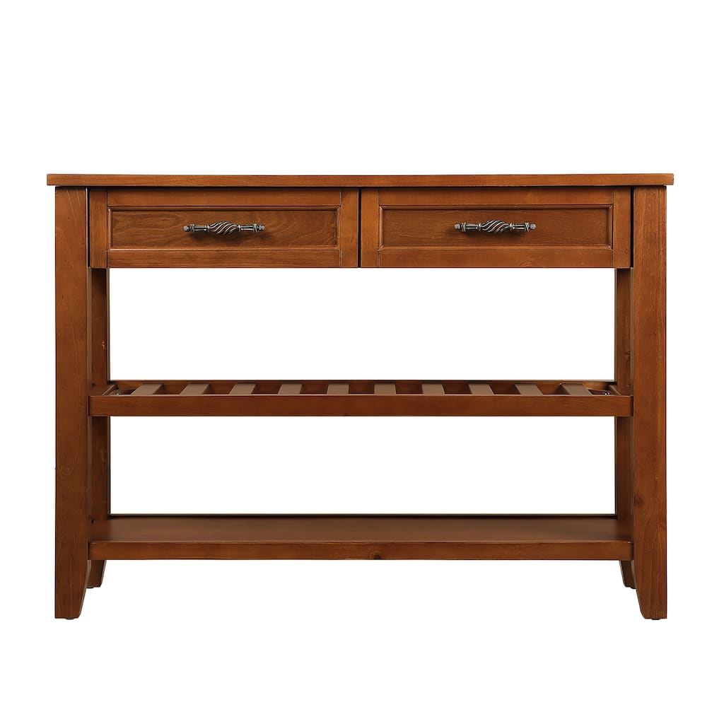 42" Solid Wood Rectangular Console Table, Mid-Century Style Living Room Entryway Side Table with 2 Drawers and 2 Tiers Shelves