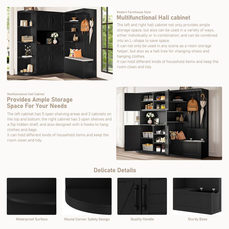Multifunctional Left-Right Combination Hall Cabinet With Storage And 4 Hooks, Storage Cabinet/ Hall Tree 2 In 1