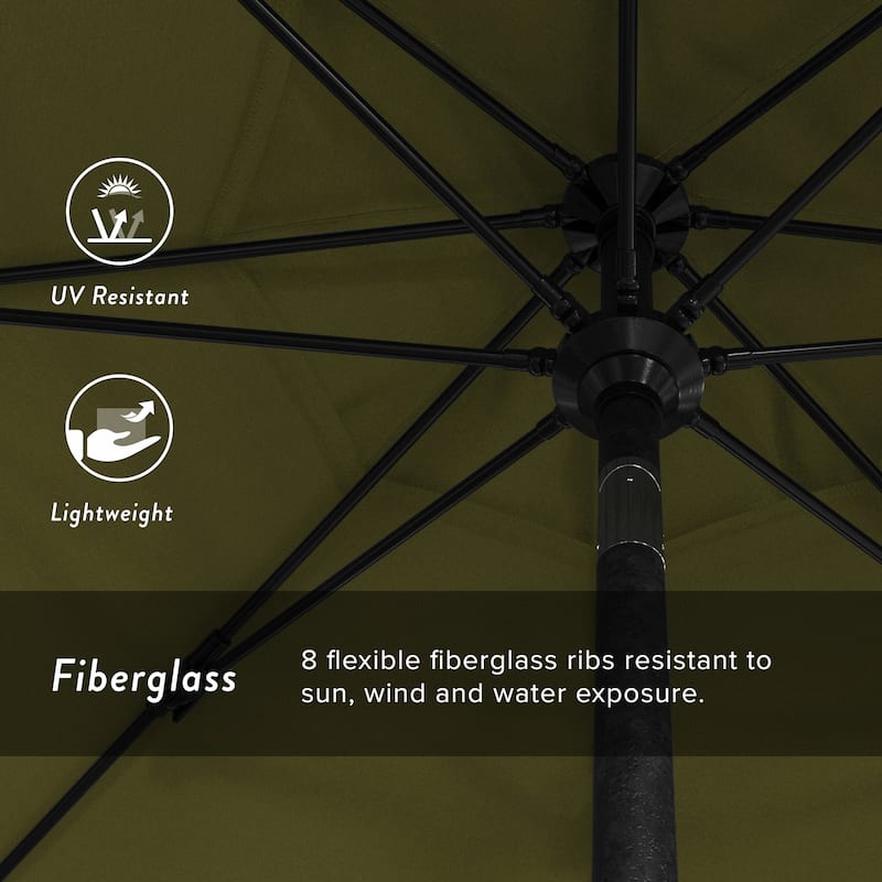 California Umbrella 9' Rd Patio Umbrella Black Aluminum Frame Fiberglass Ribs Crank Lift Collar Tilt, Sunbrella Cilantro