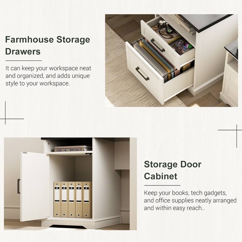 French Country L Shaped Desk with Charging Station, Office Computer Table with File Cabinet