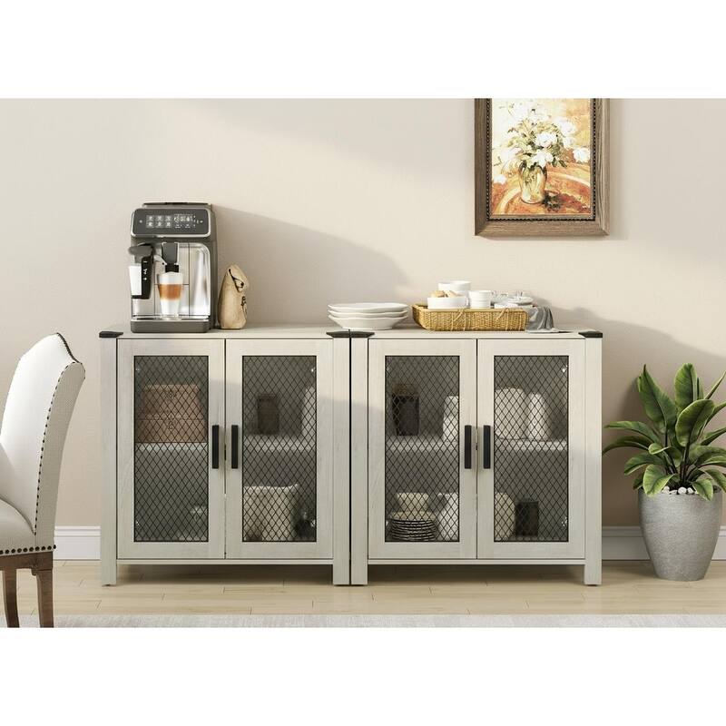 Sideboard Buffet Cabinets with Mesh Door and Adjustable Shelf - Antique White - 2 Pack