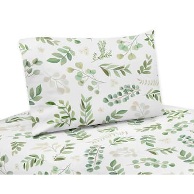 Floral Leaf Collection 3-piece Twin Sheet Set - Green and White Boho Watercolor Botanical Woodland Tropical Garden