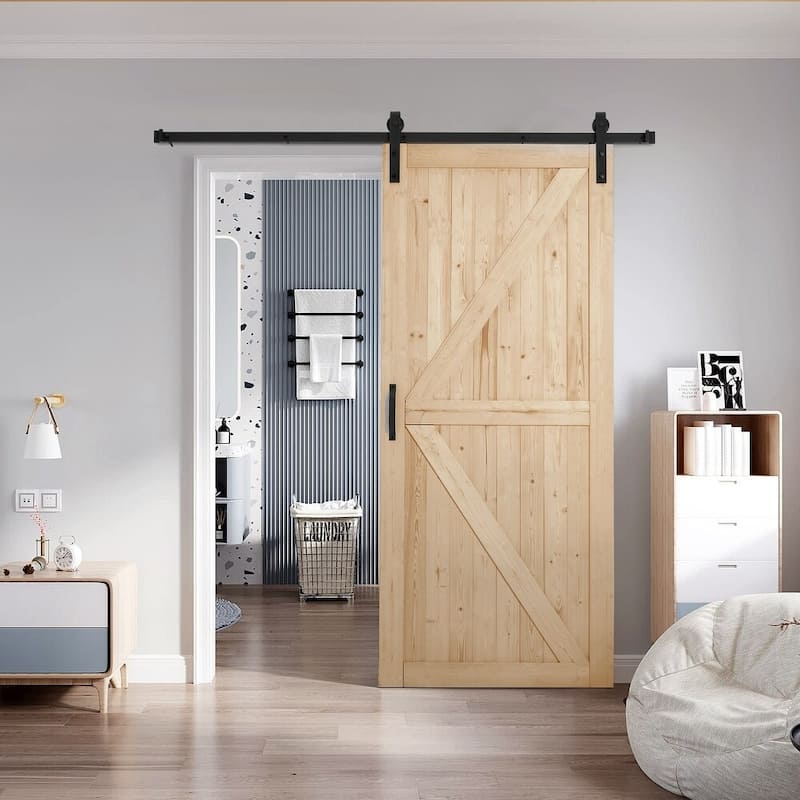 Erommy 84"H Sliding Barn Door Kit - Solid Wood, Easy Assembly, Smooth Sliding, Natural Finish