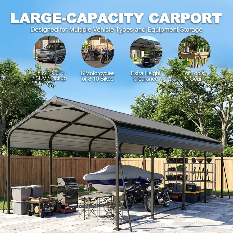 Steel Carport with Reinforced Frame, Windproof Ground Anchors