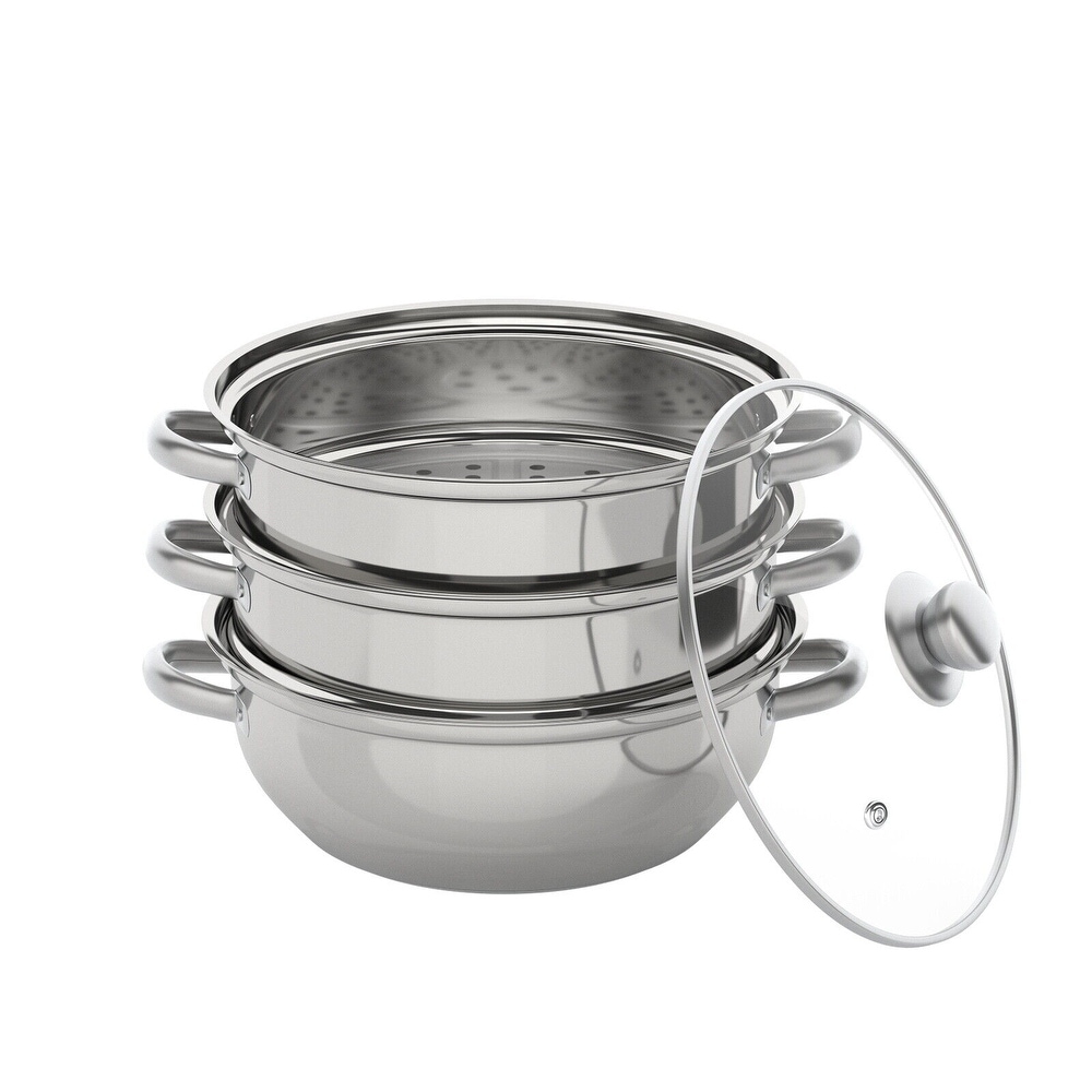 Costway 3-Tier Steamer Pot 304 Stainless Steel Steaming Cookware w/ Glass  Lid 