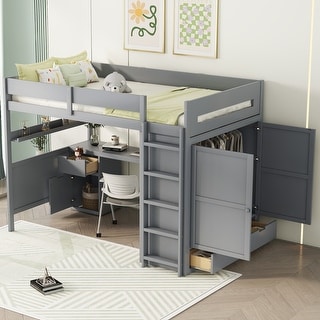 Gray Full Size Wooden Loft Bed with Wardrobe, Desk, and Shelves