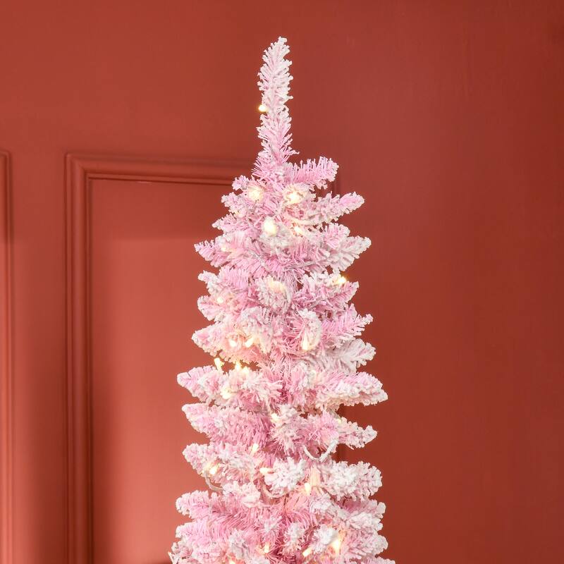 HOMCOM Pre-Lit Snow Flocked Pencil Tree - Realistic Pine Branches, Warm White LED Lights, Auto Open, Pink & White