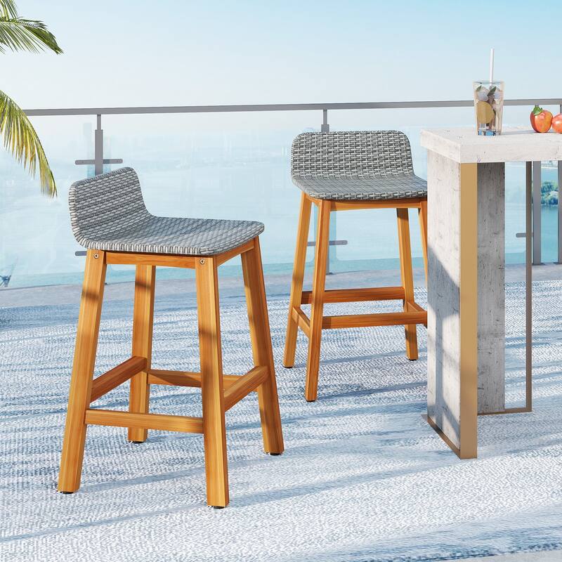 Gymax Solid Acacia Wood Bar Stools Set of 2 Rattan Bar Height Patio