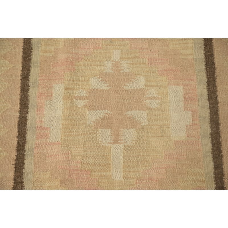 Hand Woven Oriental 100% Wool Carpet Southwestern Tribal Pink Kilim Runner Rug - 9' 2'' X 2' 7''