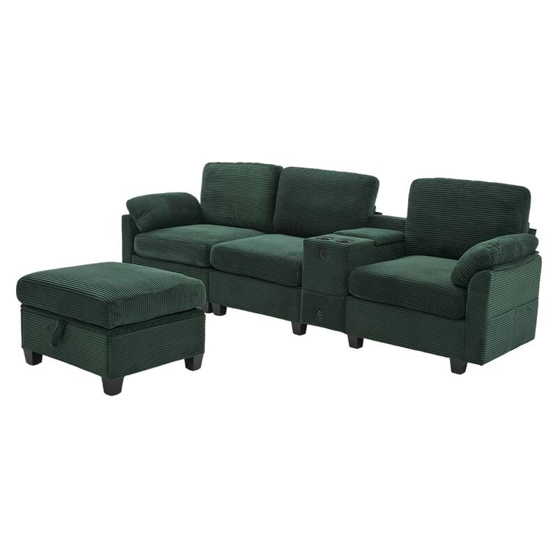 HOMEFUN Corduroy Upholstered L-Shaped 4-seater Storage Multifunctional Sectional Sofa with Storage Ottoman,Cup Holder and USB