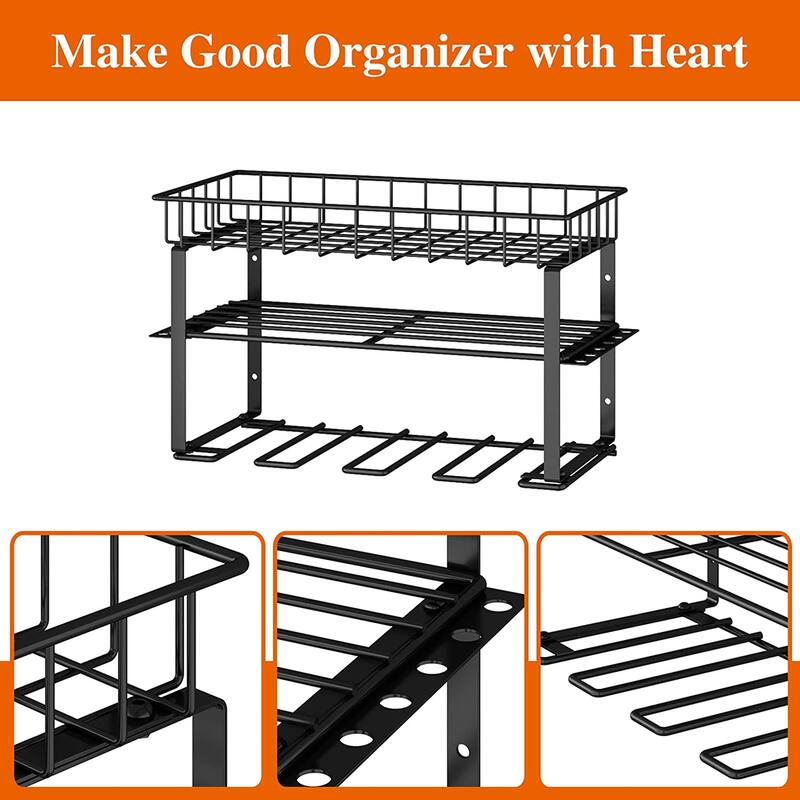 Black Steel Wall-Mounted Tool Storage Rack 3-Layer Organizer for Garage Workshop Tools - 16.22”L x 8.31”W x 7.87”H