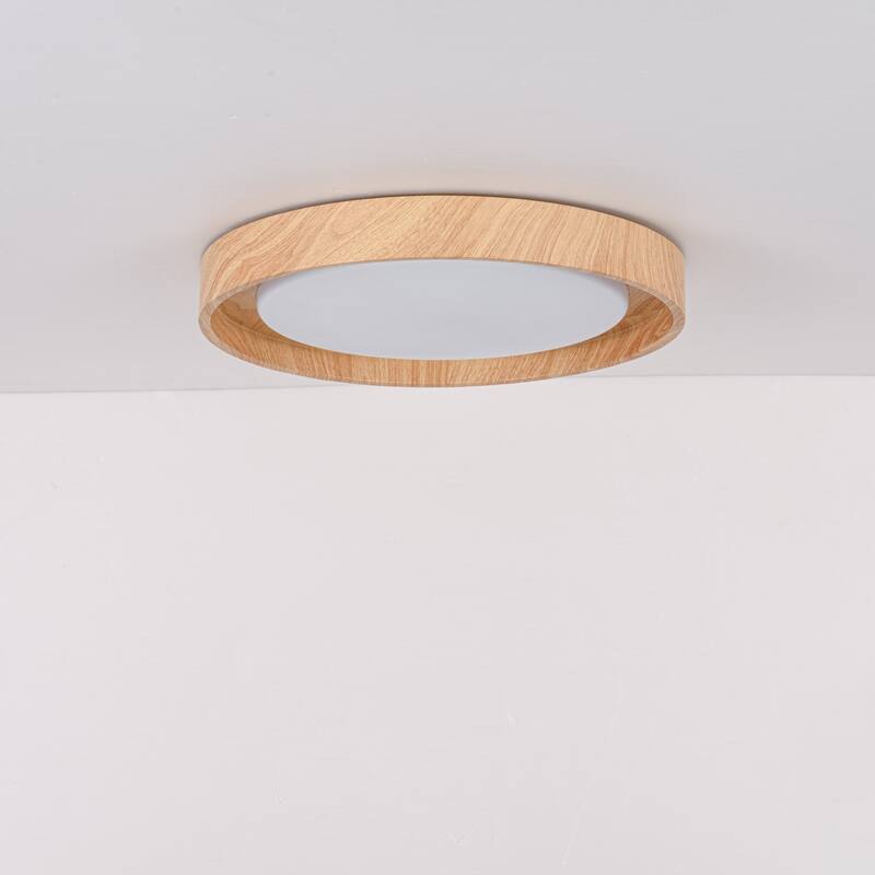 19.7" W Modern Minimalist Round Circle Integrated LED Flush Mount Ceiling Light with Wood Grain Finish
