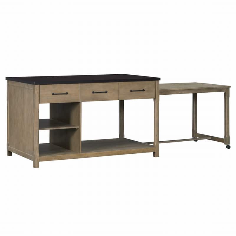 60"-98.7" Extendable Kitchen Island on Wheels with Drawers and Open Shelves and Built-In Power Outlets
